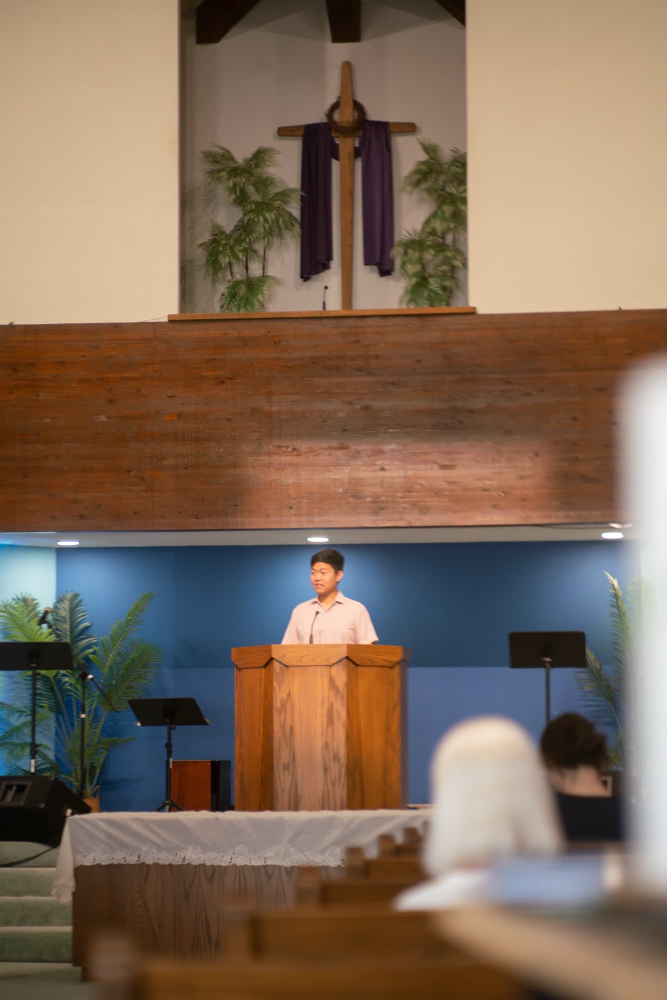 Pastor preaching from the pulpit at First Baptist Church of Artesia
