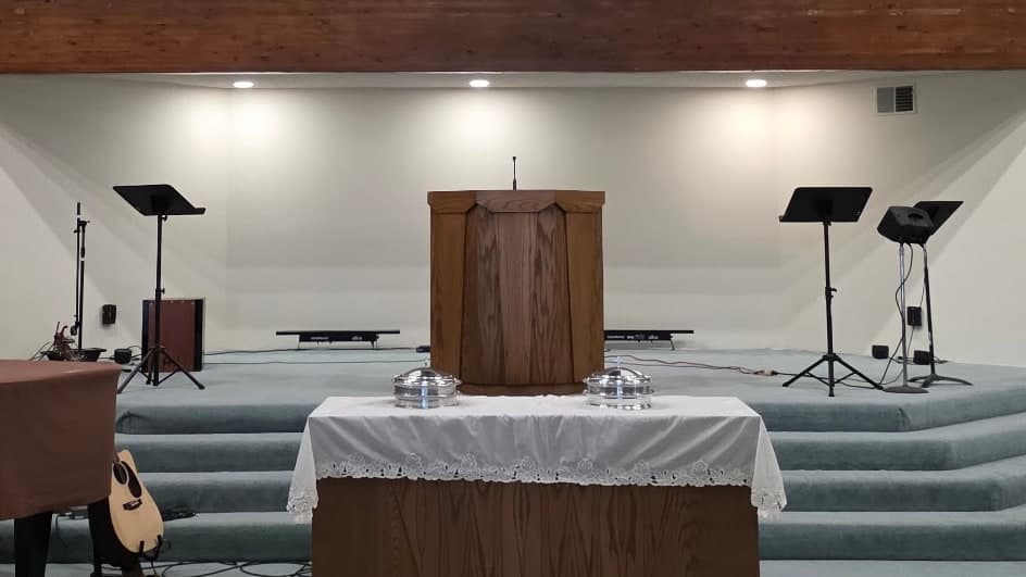 The pulpit and communion table in the sanctuary at First Baptist Church of Artesia